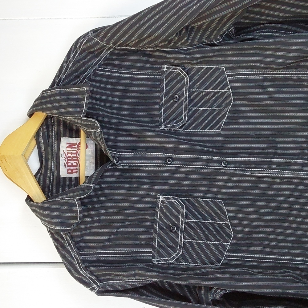 Rerun |Mens Black White Contrast Stitch Stripe Roll Tab Sleeves Shirt Sz.XL